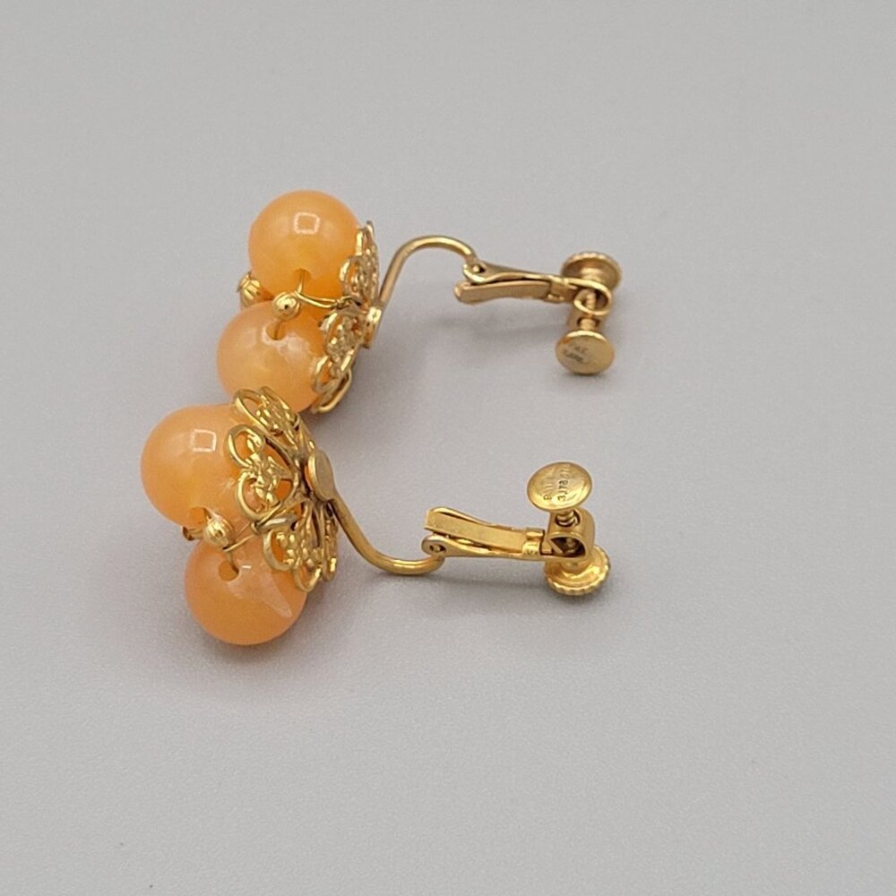 Hobe Vintage Triple Beaded Earrings Clip On Orange Gold Tone Signed - Picture 5 of 8